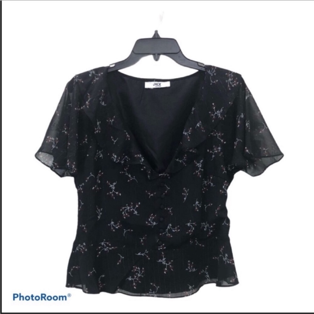 Jack by BB Dakota short flutter sleeve V neck sheer overlay pull on blouse - Picture 4 of 13